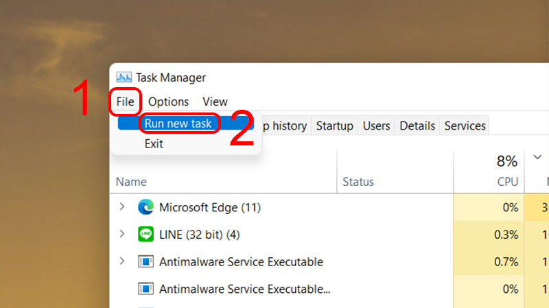Chọn Run new task trong hộp File
