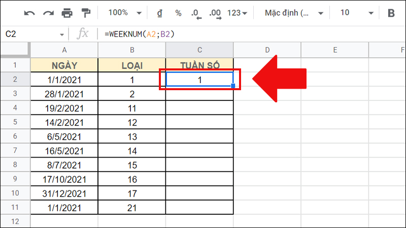 Kết quả ngày 1/1/2021 là tuần số 1 trong năm 2021