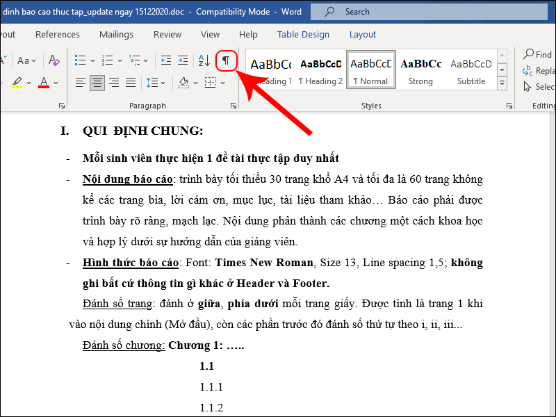 Biểu tượng ¶ Pilcrow giúp có thể nhìn thấy điểm ngắt Section Break