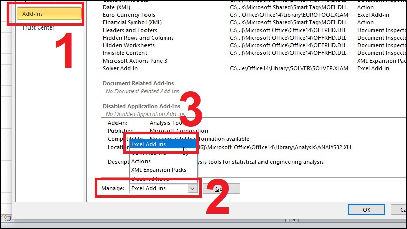 Trong ô Manage chọn Excel Add-ins