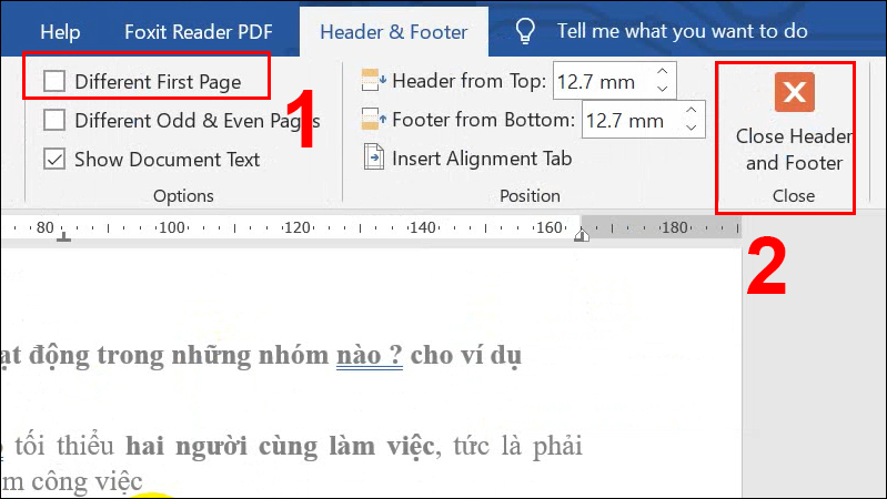 Chọn Difference First Page tại mục Options