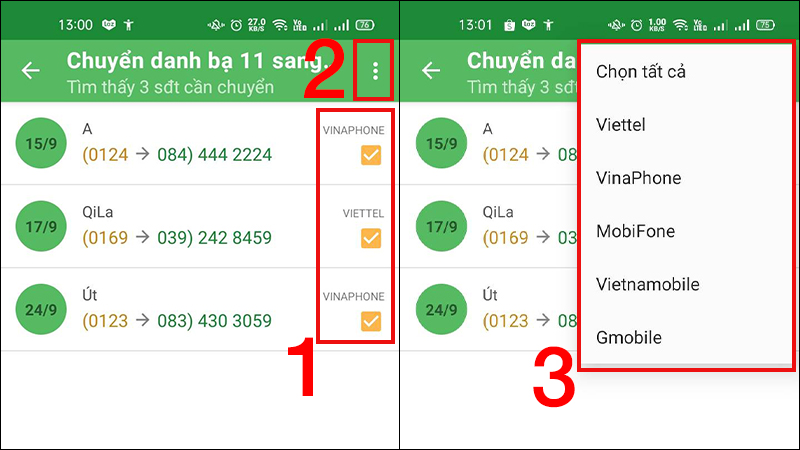 Tích chọn những số điện thoại bạn muốn chuyển đổi hoặc chọn chuyển đổi theo nhà mạng mà bạn mong muốn