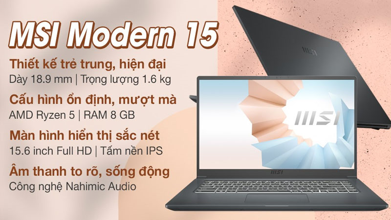 Laptop MSI Modern 15 A5M R5 trẻ trung, hiện đại