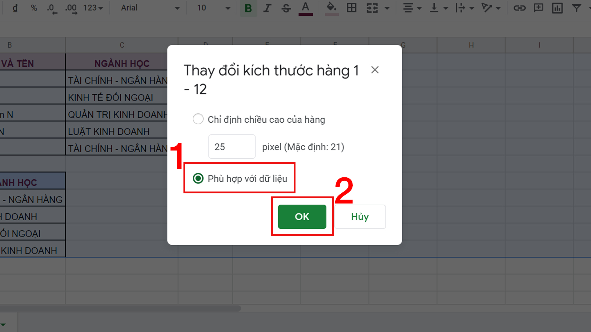 Chọn v&agrave;o Ph&ugrave; hợp với dữ liệu v&agrave; nhấn OK