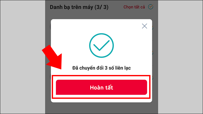 Nhấn hoàn tất sau khi chuyển đổi thành công