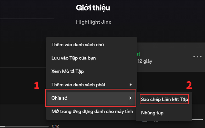 Thao tác copy link để chia sẻ tập Podcast