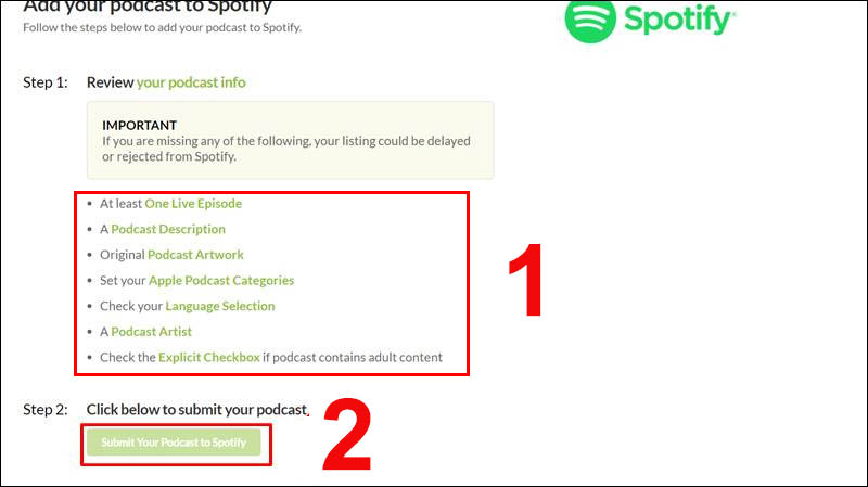 Cần thỏa mãn các điều kiện trước khi nhấn Submit Your Podcast to Spotify