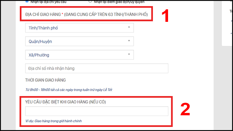 Nhập địa chỉ giao hàng và yêu cầu đặc biệt khi giao hàng