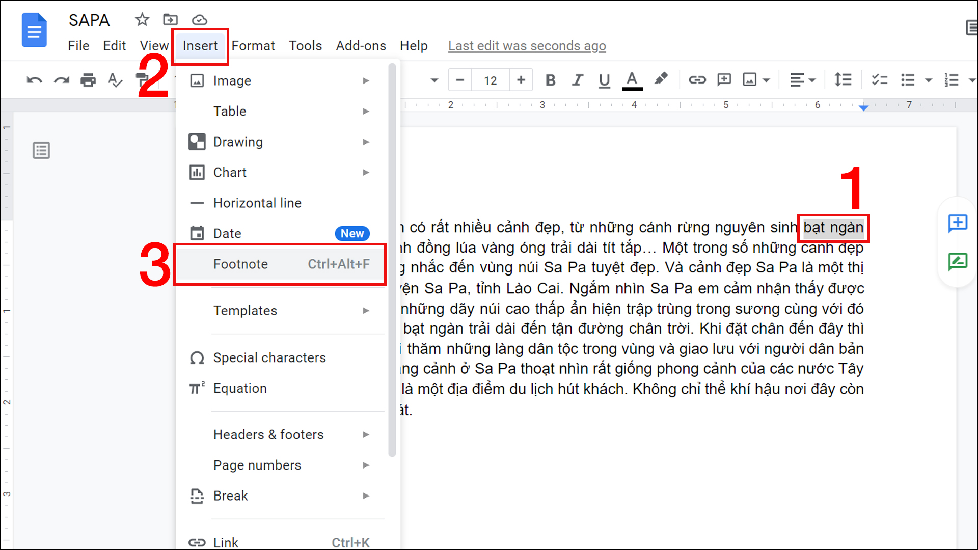 V&agrave;o Ch&egrave;n (Insert) v&agrave; chọn Ch&uacute; th&iacute;ch cuối trang (Footnote)