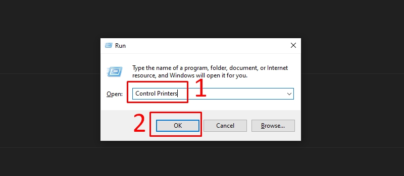 Nhập Control Printers trong hộp thoại Run