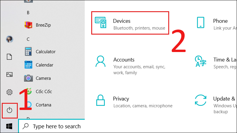 Bạn nhấn nút Start, chọn biểu tượng Cài đặt, chọn Devices