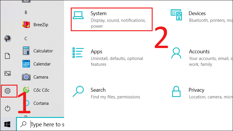 Vào Start, chọn Settings (Cài đặt), chọn System (Hệ điều hành)