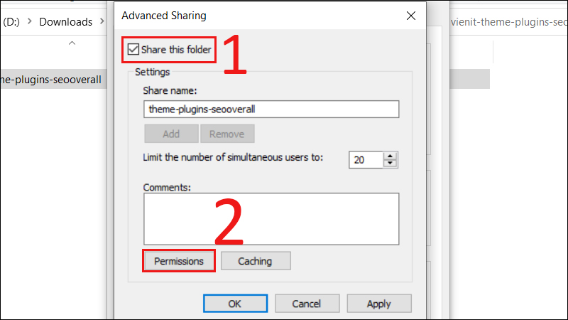 Tick tại mục Share this folder, chọn vào Permissions
