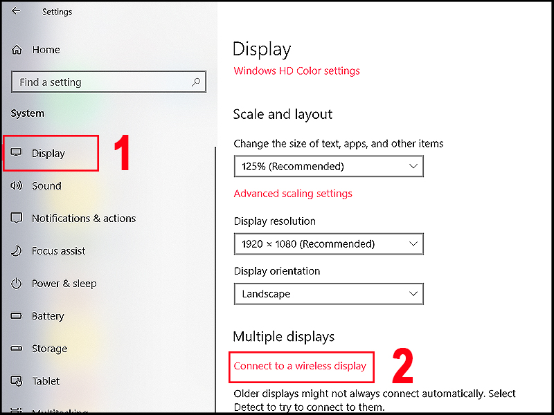 Tại mục Display bạn kéo xuống phần Multiple displays và nhấn chọn Connect to a wireless display