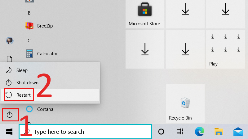 Tại mục Start, nhấn v&agrave;o biểu tượng n&uacute;t nguồn, chọn Restart