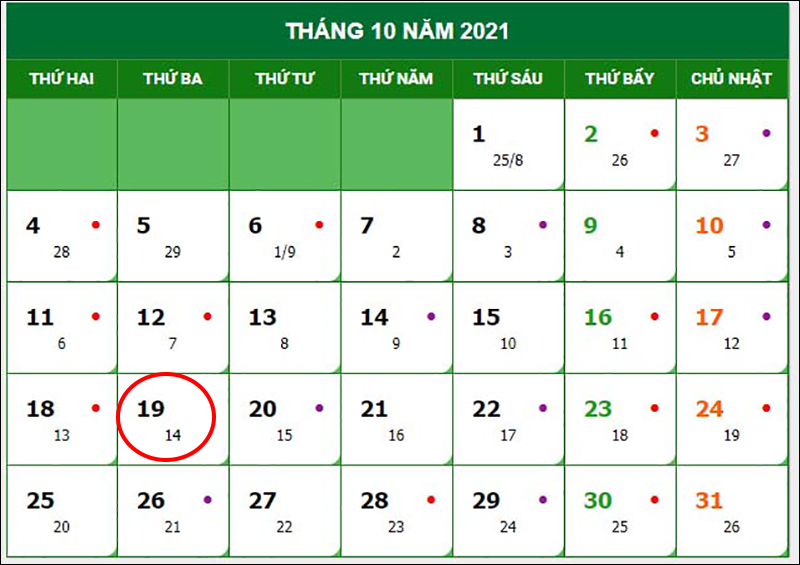 Ngày 19/10/2021 trên lịch