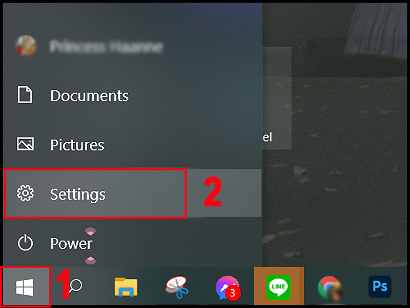 Vào Start để truy cập vào trang Settings