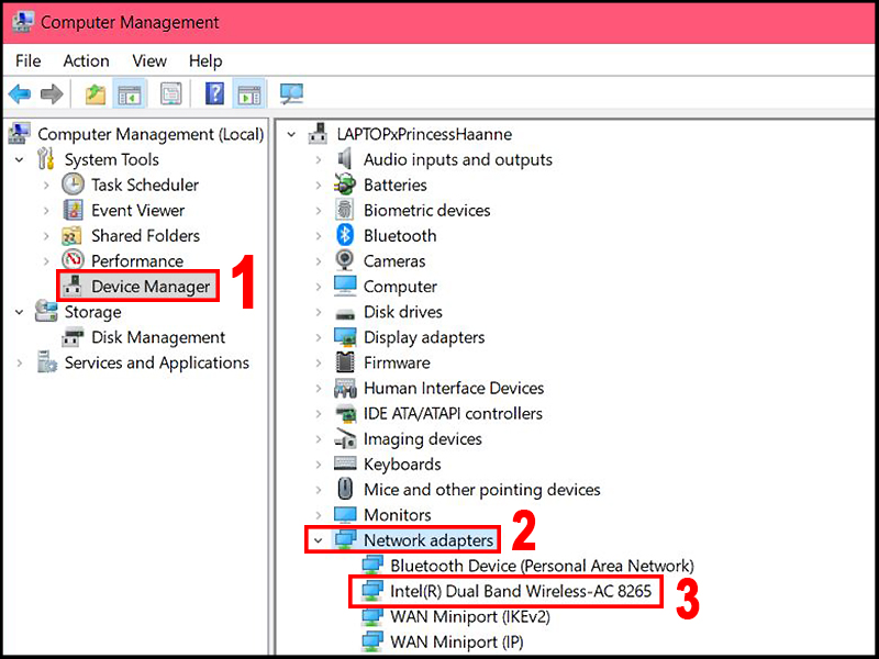 Tại mục Device Manager bạn vào phần Network Adapters để kiểm tra Intel Wireless