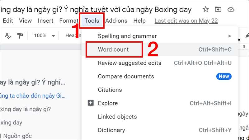 Chọn thẻ Tools và Nhấn chọn Word count