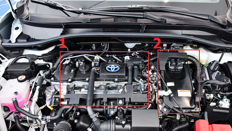 Động cơ xe Hybrid được trang bị động cơ đốt trong (1) và động cơ điện (2)