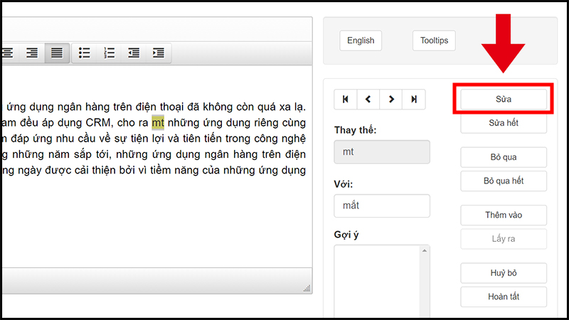 Bấm Sửa để trang web sửa lỗi chính tả cho văn bản