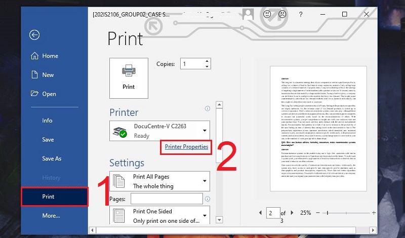 Chọn Printer Properties trong mục Print để chỉnh sửa c&agrave;i đặt in
