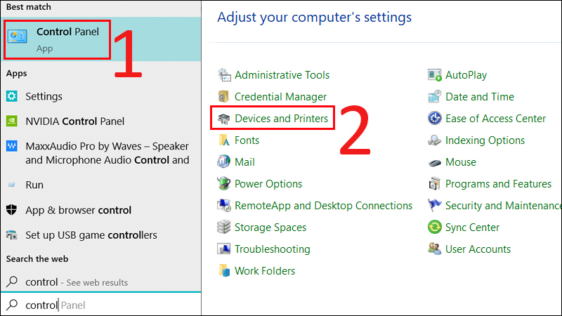 Vào Control Panel, chọn Devices and Printers