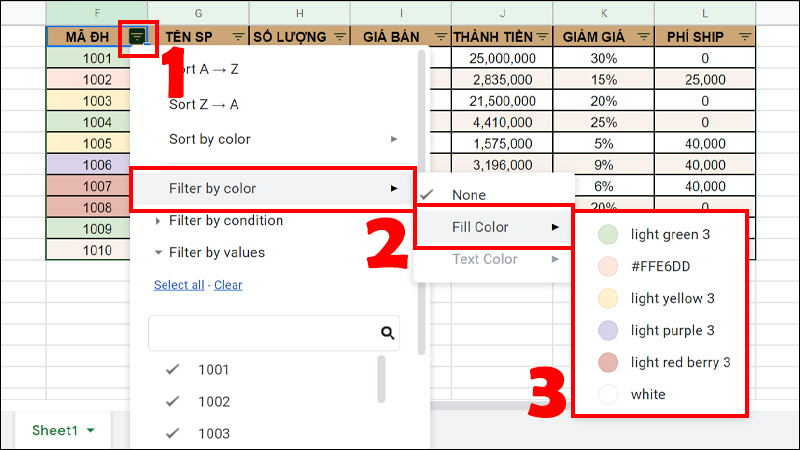 Chọn Fill Color và Chọn màu muốn lọc