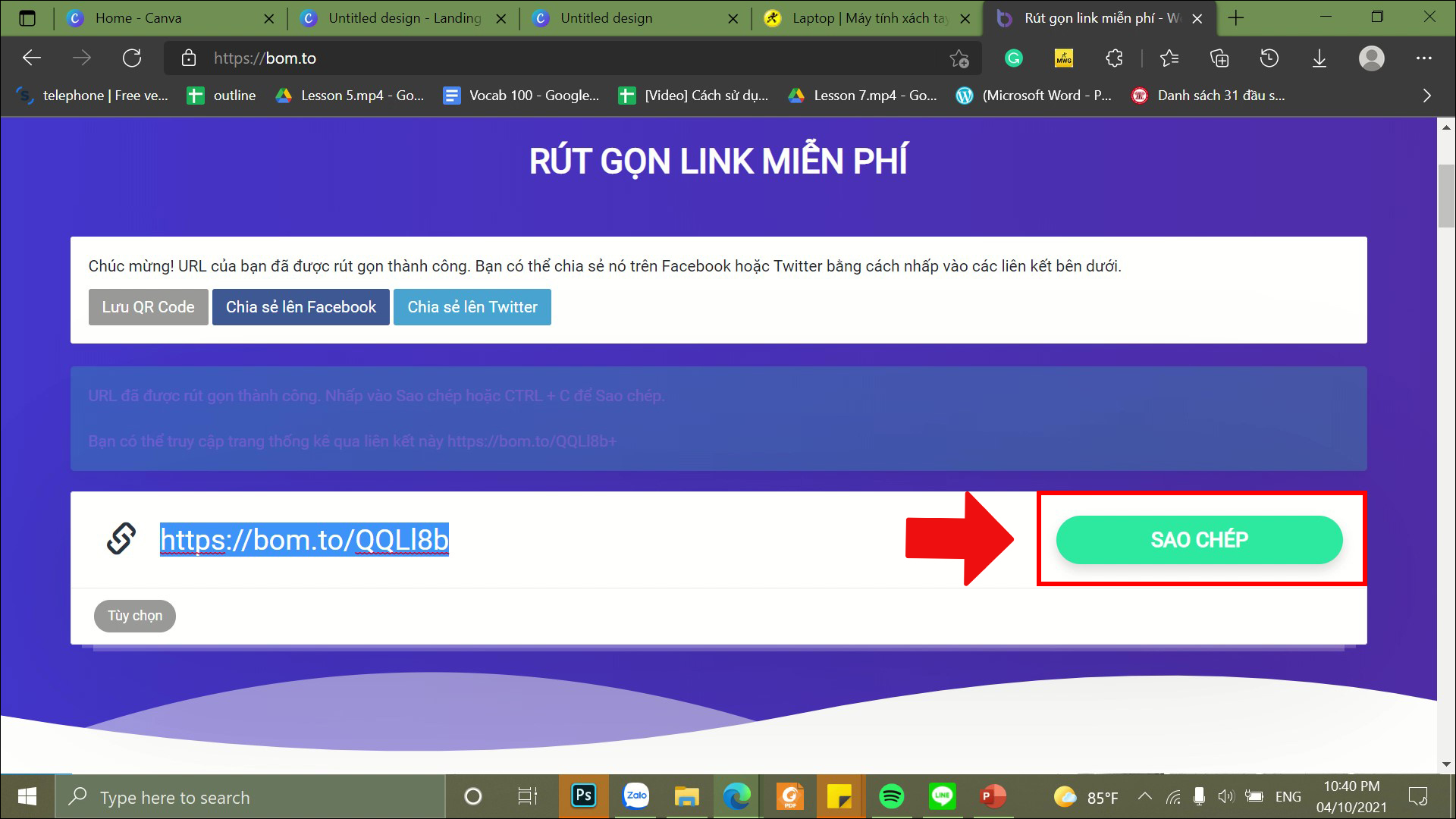 Sau khi rút gọn chọn Sao chép link