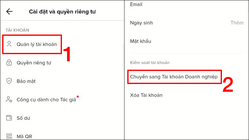 Chọn Chuyển sang Tài khoản Doanh nghiệp