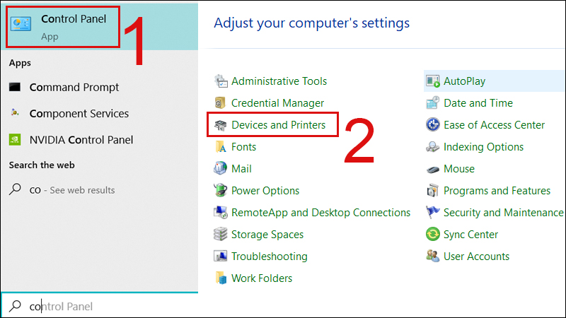 Gõ tìm kiếm Control Panel, chọn Devices and Printers