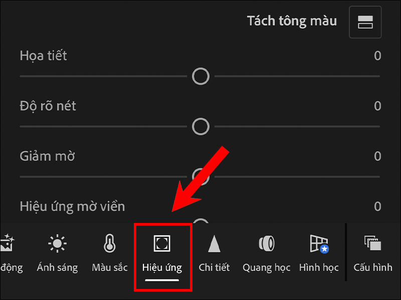 Với phần Hiệu ứng, bạn có thể điều chỉnh độ rõ nét, nhiễu hạt, hiệu ứng mờ viền,...