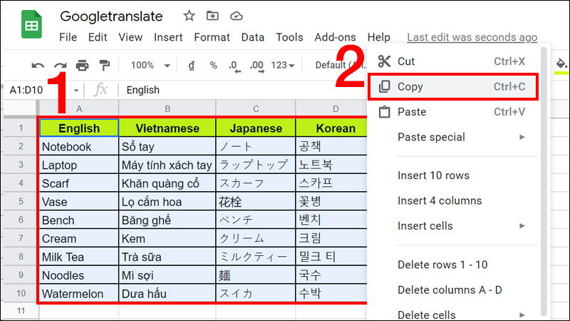 Sao chép bảng trong Google Sheet