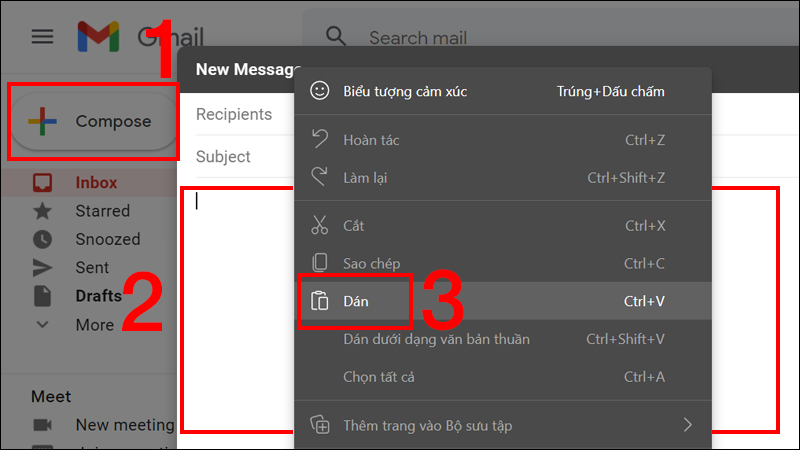 Dán bảng vào vùng soạn email