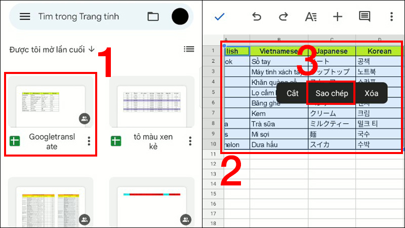 Sao chép bảng trong google sheets trên điện thoại