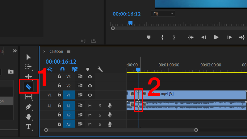 Chọn công cụ Razor Tool hoặc nhấn phím C để cắt video tại vị trí muốn làm hiệu ứng