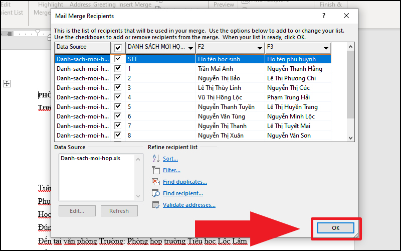 Giao diện Mail Merge Recipients