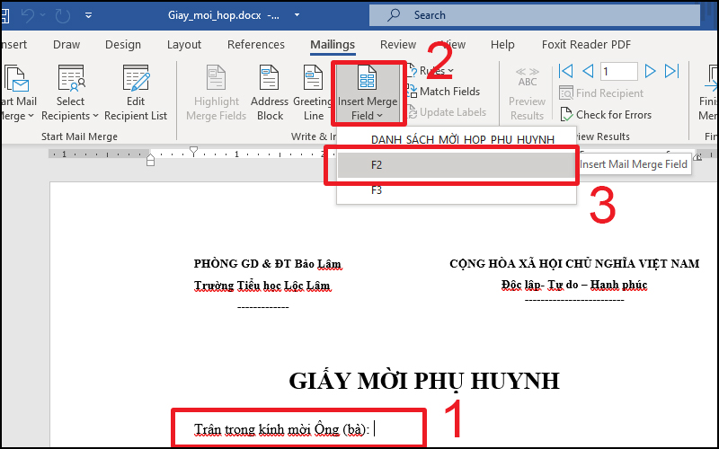Chèn các trường thông tin vào giấy mời