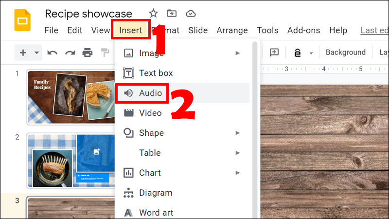 V&agrave;o Insert chọn Audio