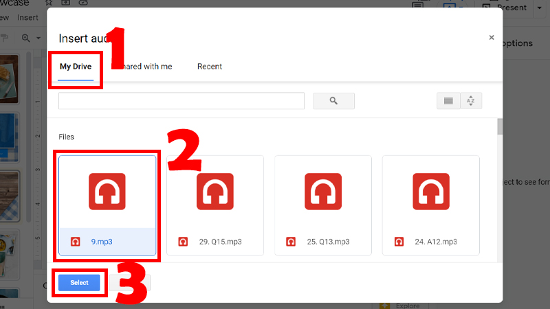 Trong thẻ My Drive chọn audio muốn ch&egrave;n v&agrave; nhấn Select