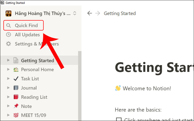 Click chọn Quick Find ở sidebar