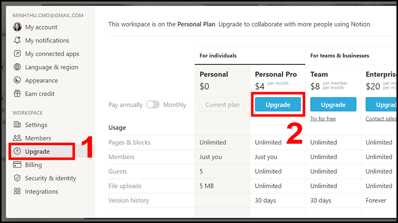 Chọn Upgrade ở thanh dọc bên tay trái và chọn Upgrade ở gói Personal Pro Chọn Upgrade ở thanh dọc bên tay trái và chọn Upgrade ở gói Personal Pro