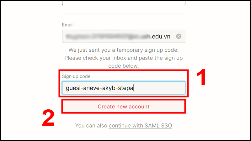 Điền mã code và chọn Create new account để tạo tài khoản