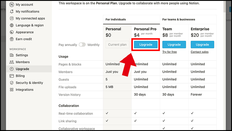 Tại mục Personal Pro, chọn Upgrade Tại mục Personal Pro, chọn Upgrade