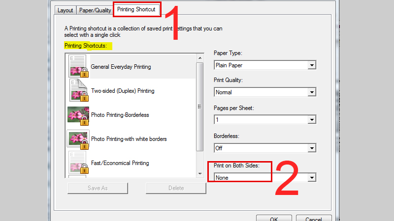 Trong tab Printing Shortcuts bạn tìm đến phần Print on both sides