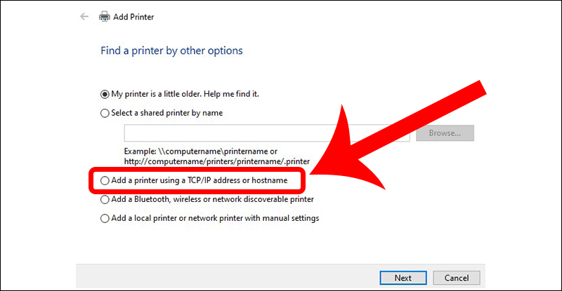 Chọn lệnh tìm máy in theo địa chỉ TCP/IP