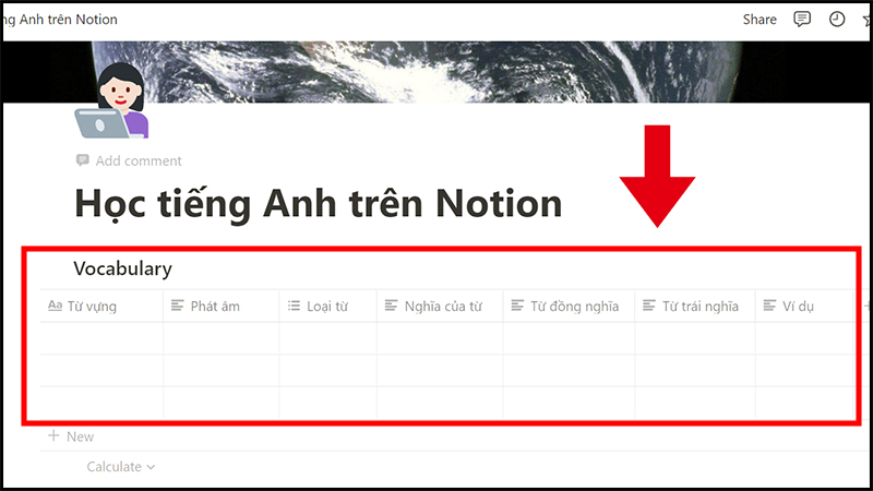 Bảng học từ vựng tiếng Anh hoàn chỉnh trên Notion