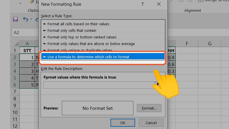 Chọn Use a formula to determine which cells to format trong phần Select a rule type.