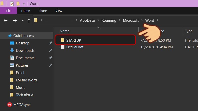 Chọn vào thư mục Startup