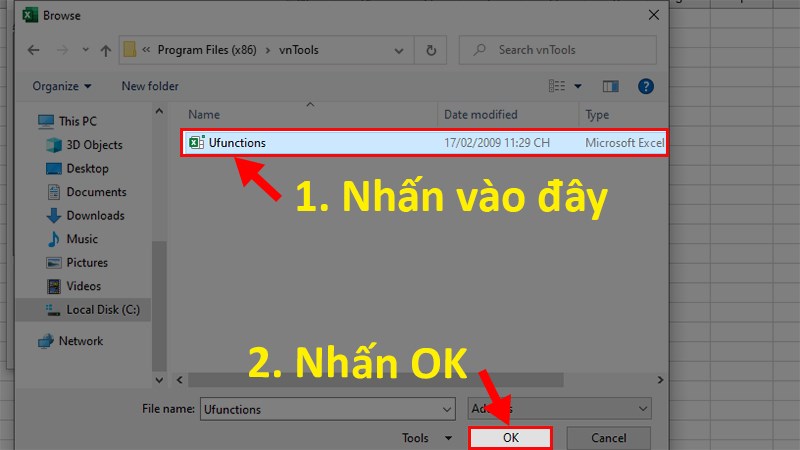 Tìm đến file Add-Ins vừa tải > Nhấp vào file UNIVNI > Nhấn OK